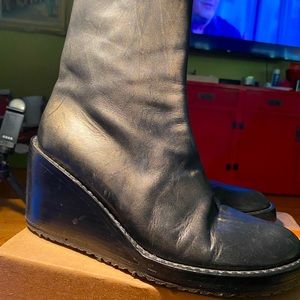 Black leather ankle wedge with  subtle antique gold airbrushed over black